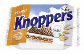 Вафлі Knoppers Peanut з арахісовим кремом і подрібненим арахісом, 25г., 24шт/уп. (4014400472721)